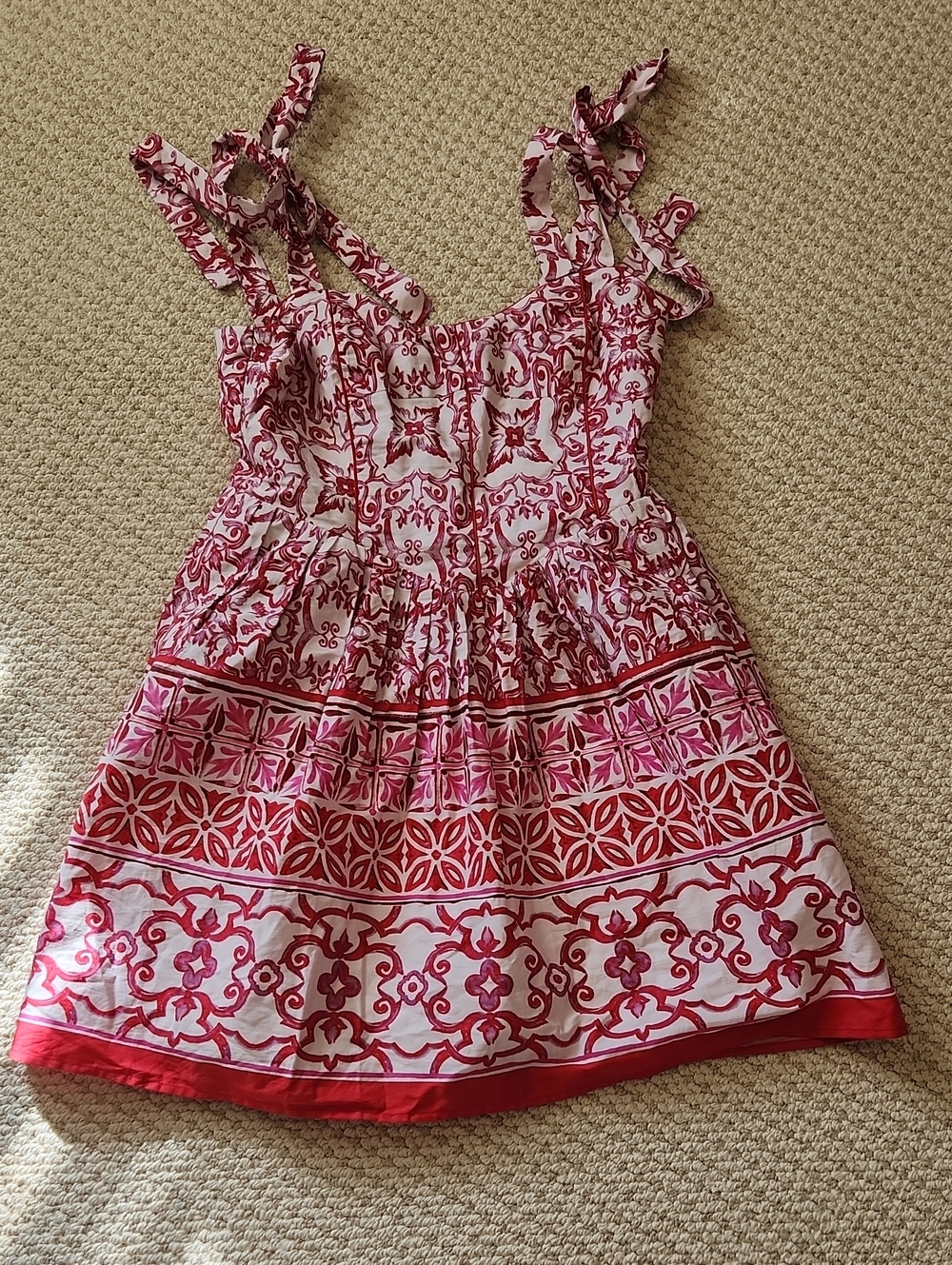 Francesca's Collections Brand New Cream and Red Tile-Print Tie-Strap Sundress